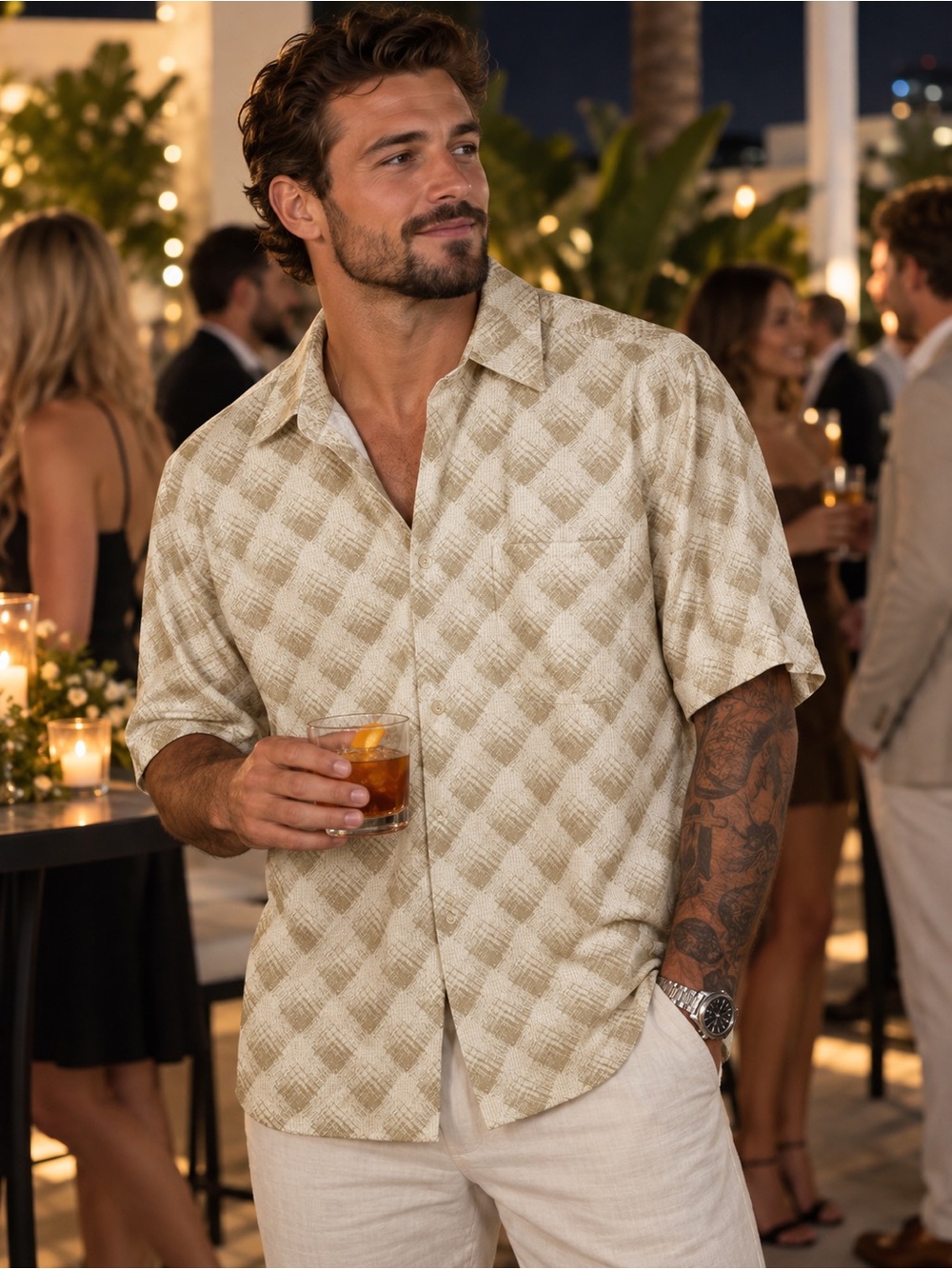 George Men's Short-Sleeve Beige Check Button-Down Shirt